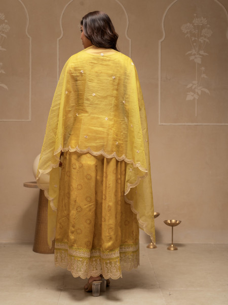 Yellow Floral Viscose Kurta, Pants and Dupatta Set with Mirror, Thread Work and Sequence