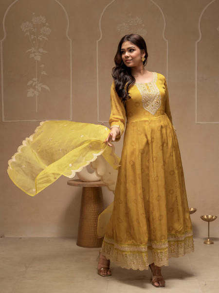 Yellow Floral Viscose Kurta, Pants and Dupatta Set with Mirror, Thread Work and Sequence