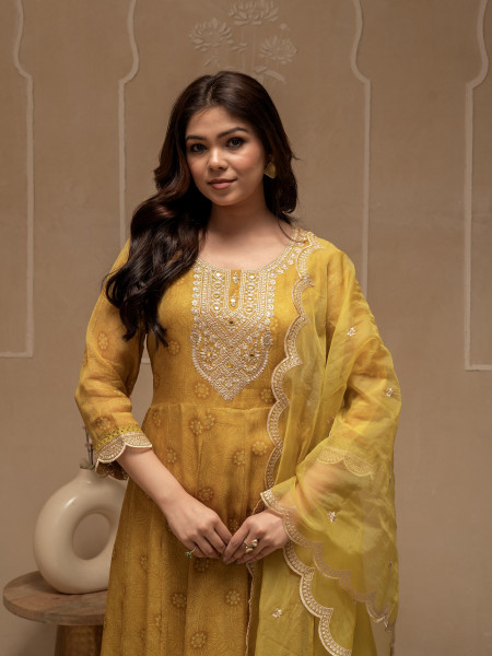 Yellow Floral Viscose Kurta, Pants and Dupatta Set with Mirror, Thread Work and Sequence