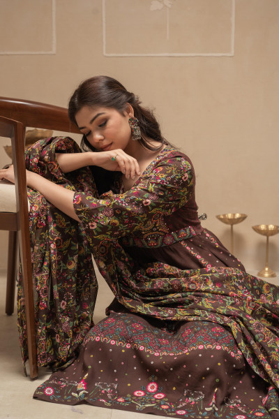Brown Floral Viscose Kurta Pant Dupatta Set with Thread Work and Sequence