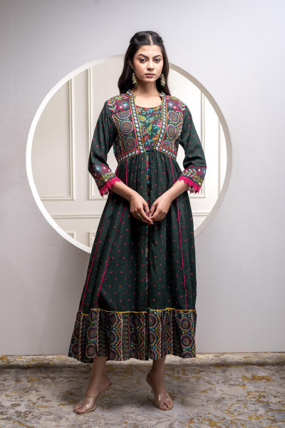 Viscose Bottle Green Embroidered Longdress and Shrug Set with Thared, Mirror Work & Beads