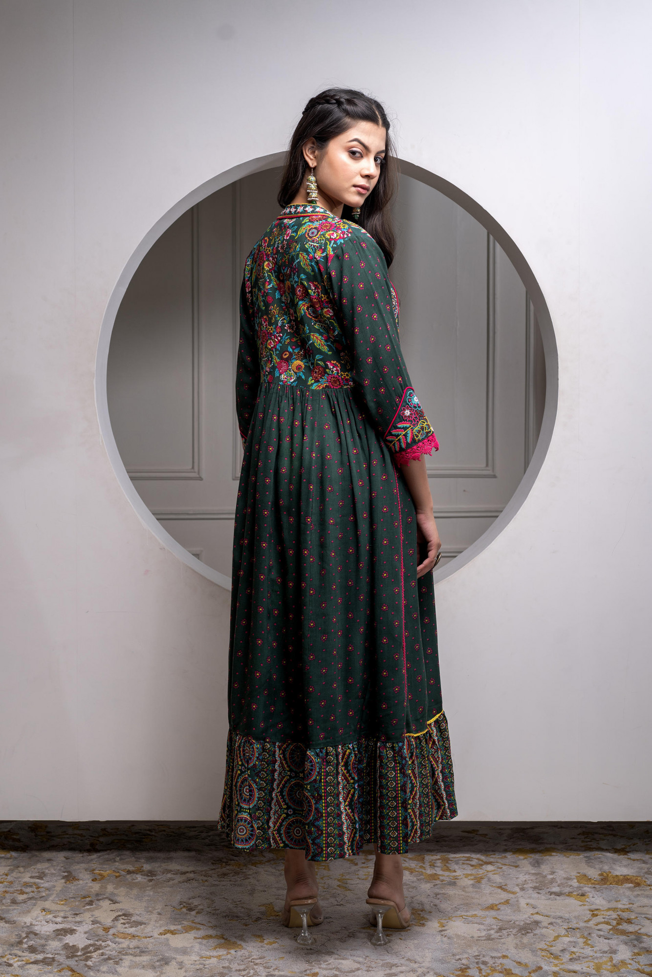 Viscose Bottle Green Embroidered Longdress and Shrug Set with Thared, Mirror Work & Beads