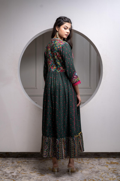Viscose Bottle Green Embroidered Longdress and Shrug Set with Thared, Mirror Work & Beads