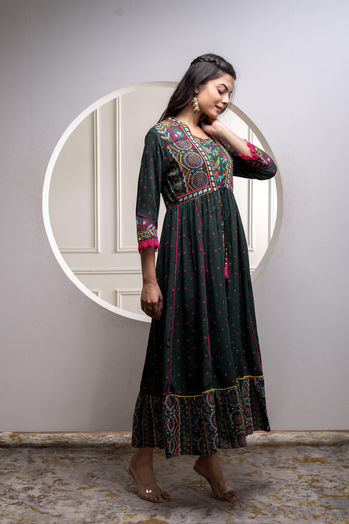 Viscose Bottle Green Embroidered Longdress and Shrug Set with Thared, Mirror Work & Beads