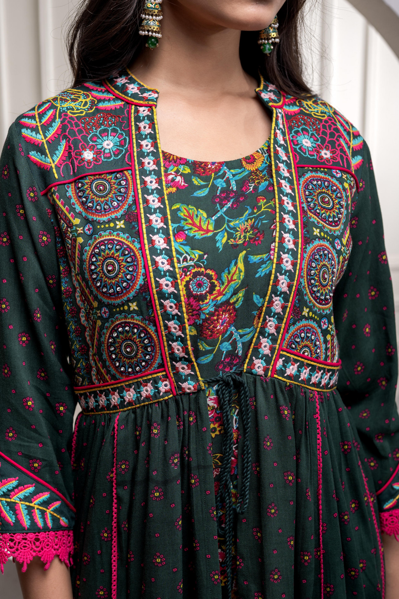 Viscose Bottle Green Embroidered Longdress and Shrug Set with Thared, Mirror Work & Beads