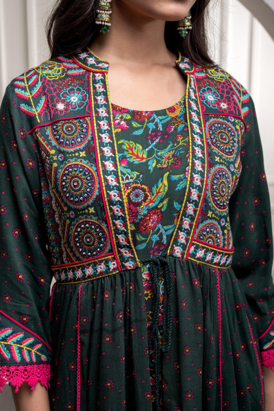 Viscose Bottle Green Embroidered Longdress and Shrug Set with Thared, Mirror Work & Beads