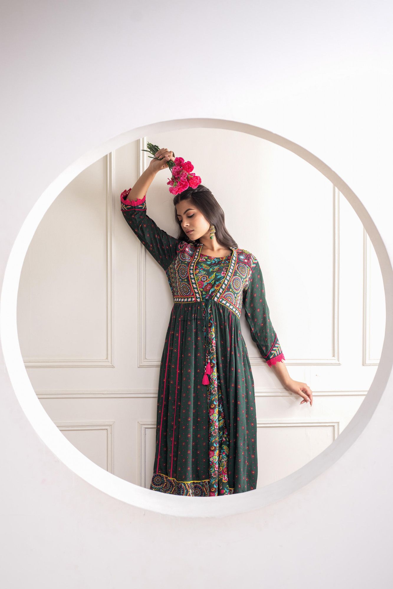 Viscose Bottle Green Embroidered Longdress and Shrug Set with Thared, Mirror Work & Beads