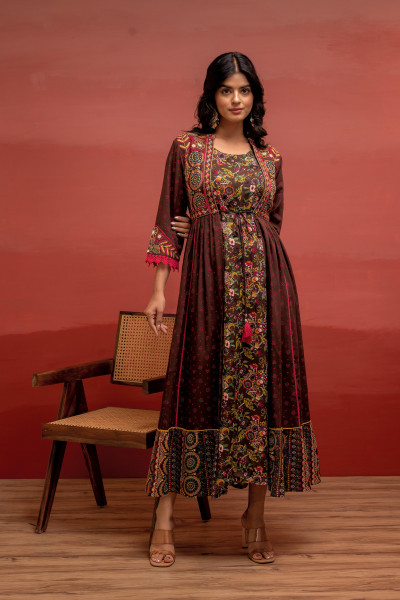 Viscose Brown Embroidered Longdress and Shrug Set with Thared, Mirror Work & Beads