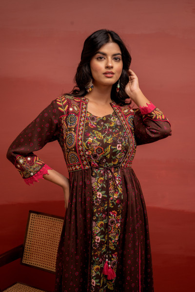 Viscose Brown Embroidered Longdress and Shrug Set with Thared, Mirror Work & Beads
