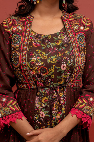 Viscose Brown Embroidered Longdress and Shrug Set with Thared, Mirror Work & Beads