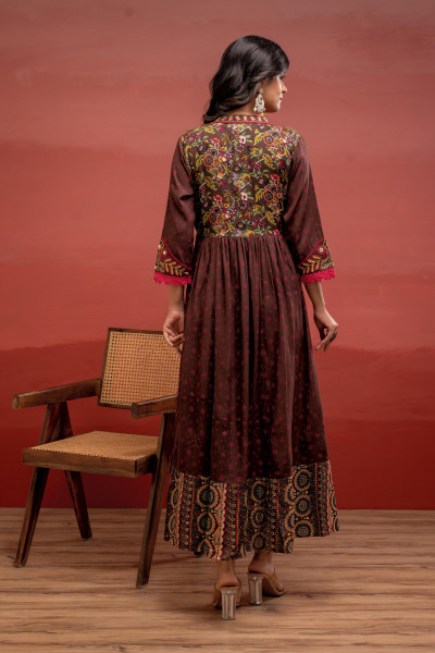 Viscose Brown Embroidered Longdress and Shrug Set with Thared, Mirror Work & Beads