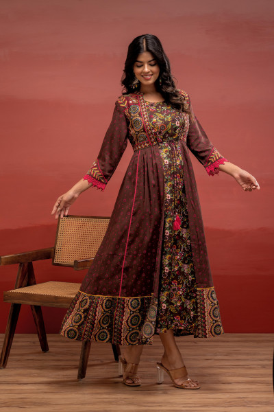 Viscose Brown Embroidered Longdress and Shrug Set with Thared, Mirror Work & Beads