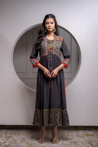 Viscose Grey Embroidered Longdress and Shrug Set with Thared, Mirror Work & Beads