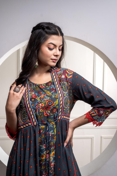 Viscose Grey Embroidered Longdress and Shrug Set with Thared, Mirror Work & Beads