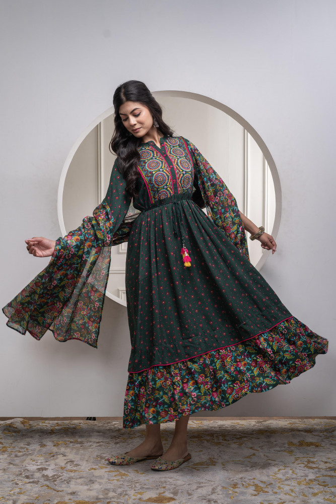 Bottlegreen Floral Viscose Longdress with Dupatta and Dori, Sequence &amp; Lace Work