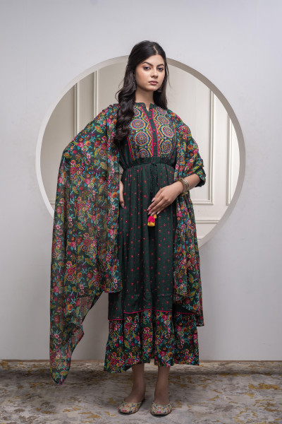 Bottlegreen Floral Viscose Longdress with Dupatta and Dori, Sequence & Lace Work