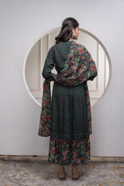 Bottlegreen Floral Viscose Longdress with Dupatta and Dori, Sequence & Lace Work