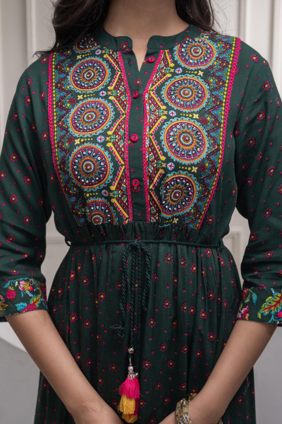 Bottlegreen Floral Viscose Longdress with Dupatta and Dori, Sequence & Lace Work