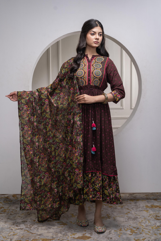 Brown Floral Viscose Longdress with Dupatta and Dori, Sequence &amp; Lace Work