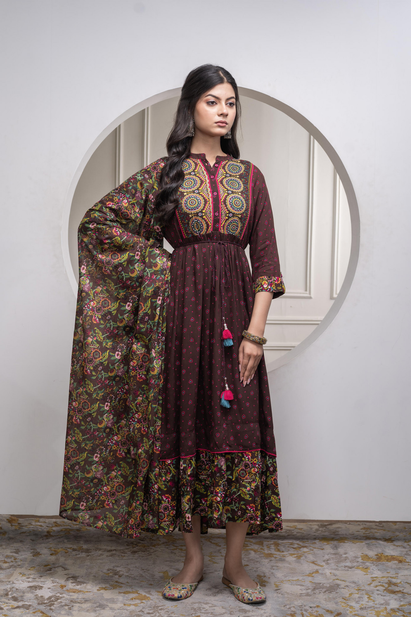 Brown Floral Viscose Longdress with Dupatta and Dori, Sequence & Lace Work