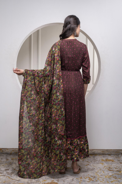 Brown Floral Viscose Longdress with Dupatta and Dori, Sequence & Lace Work