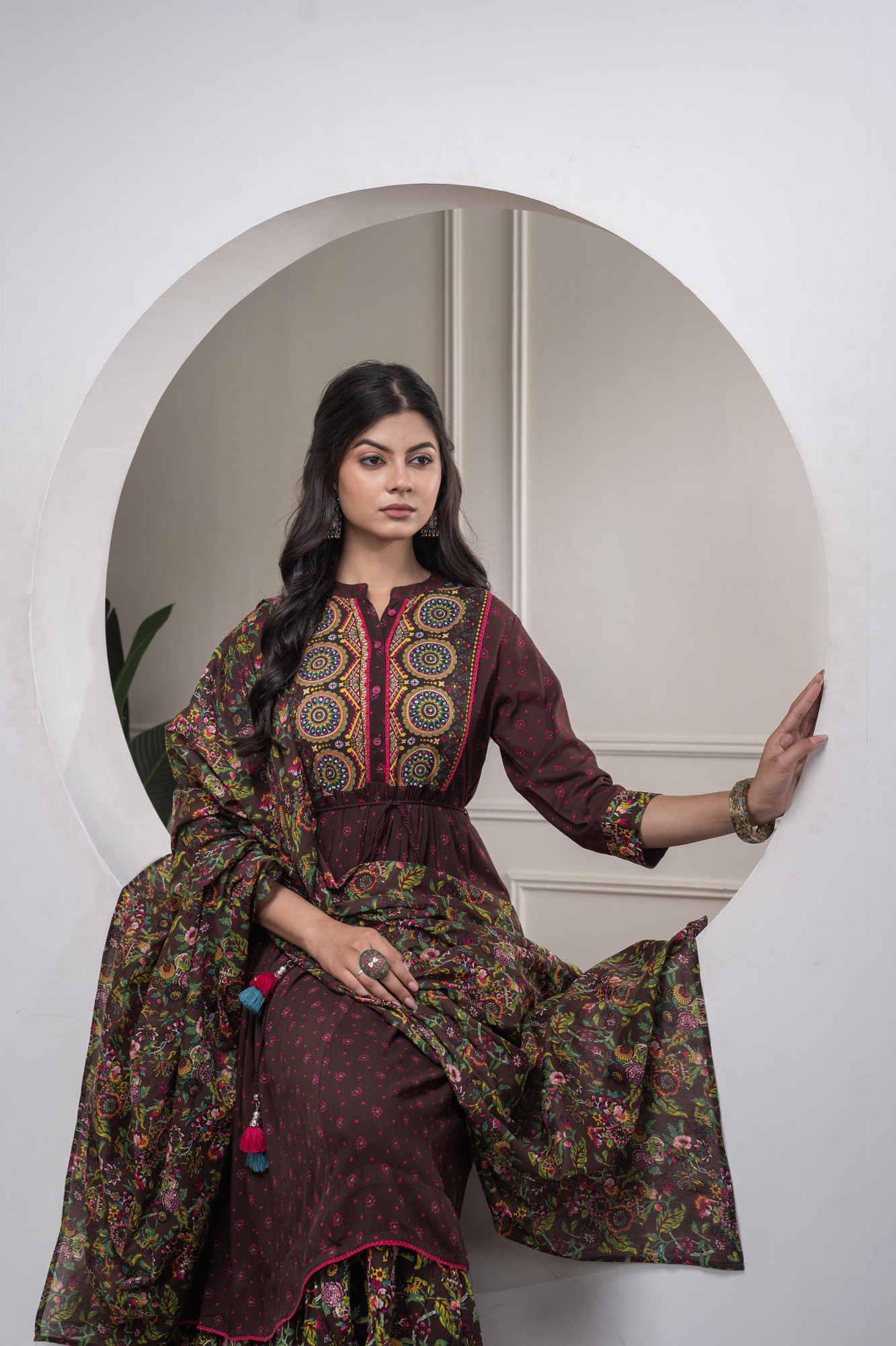 Brown Floral Viscose Longdress with Dupatta and Dori, Sequence & Lace Work