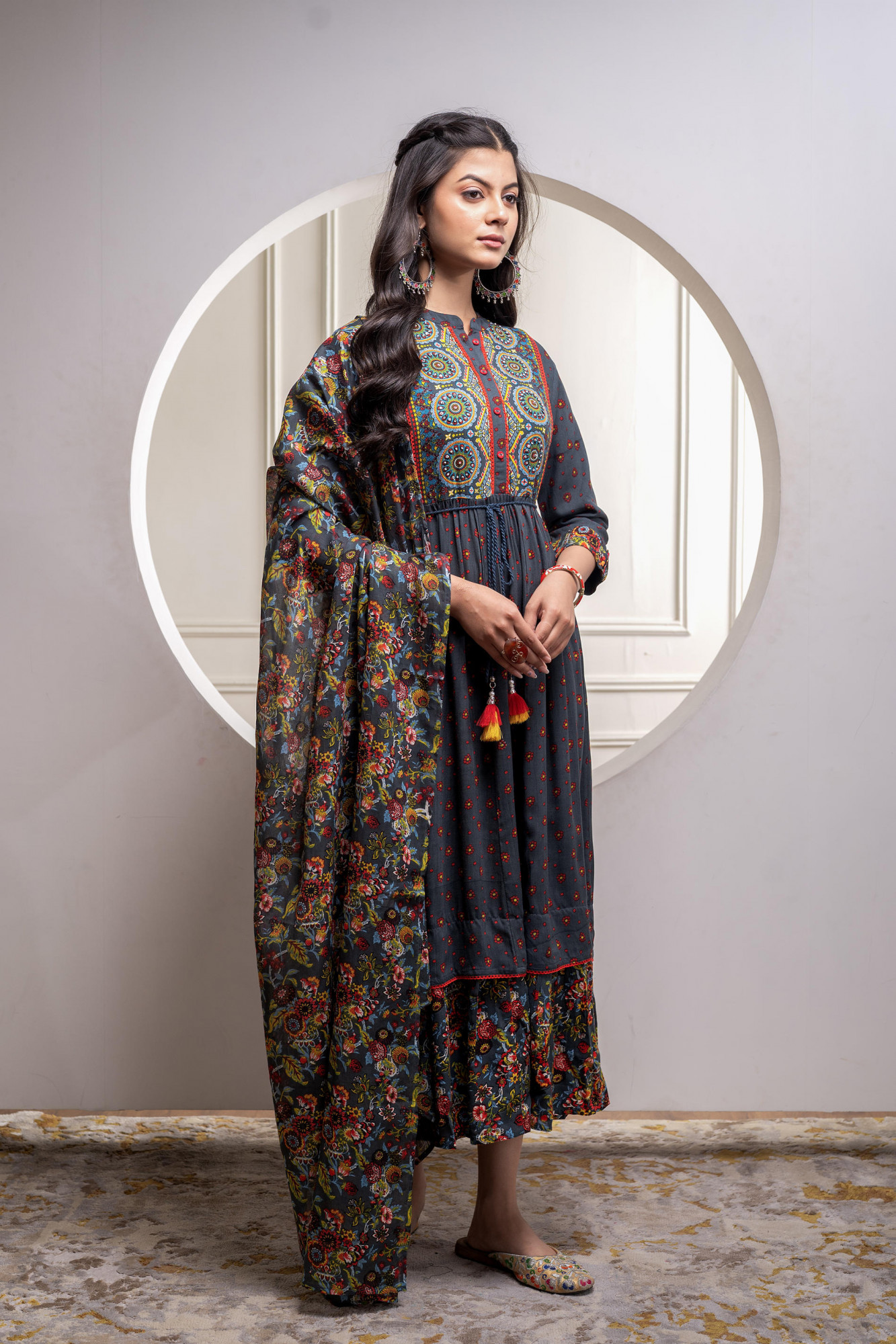 Grey Floral Viscose Longdress with Dupatta and Dori, Sequence & Lace Work