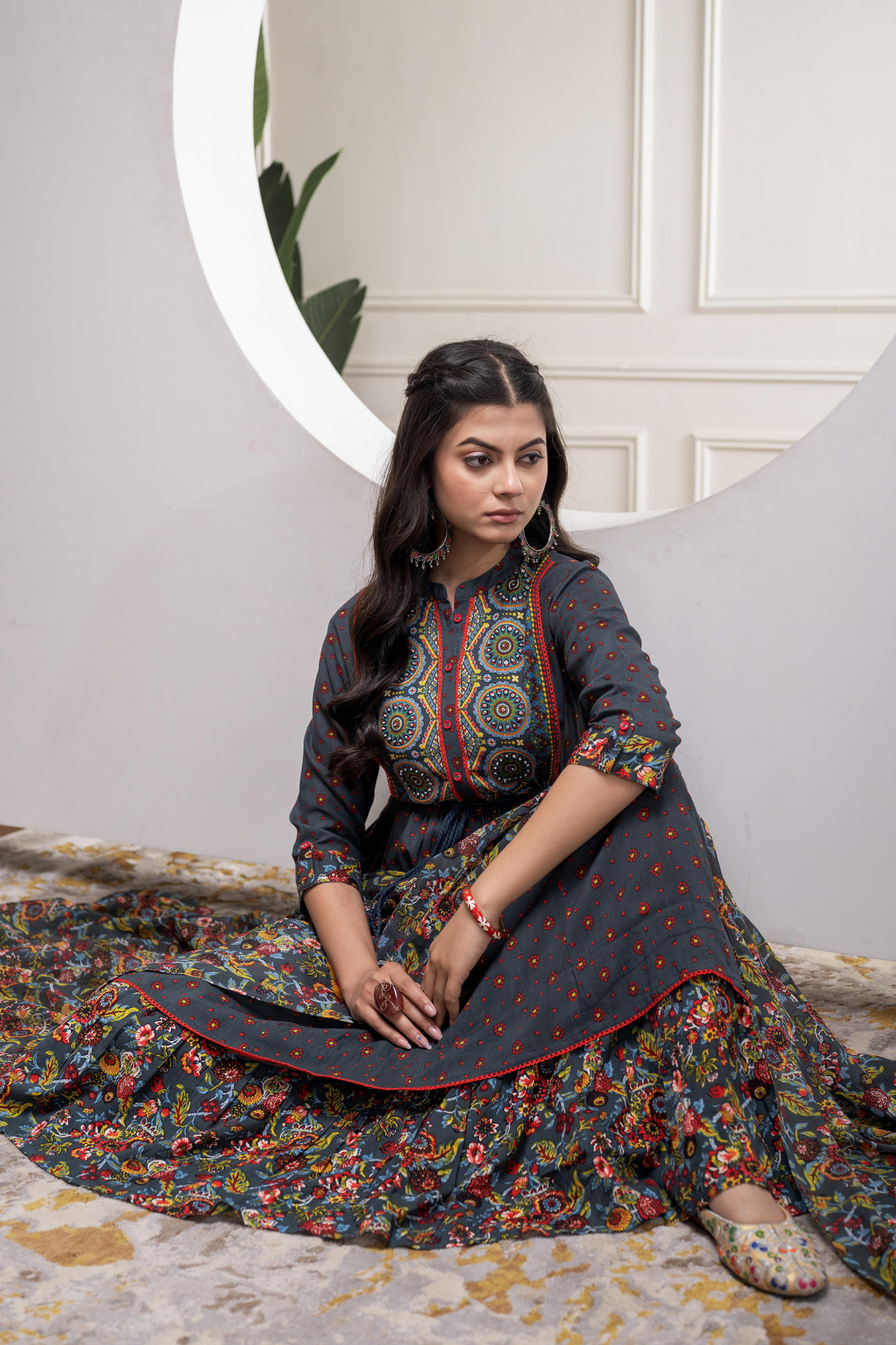Grey Floral Viscose Longdress with Dupatta and Dori, Sequence & Lace Work