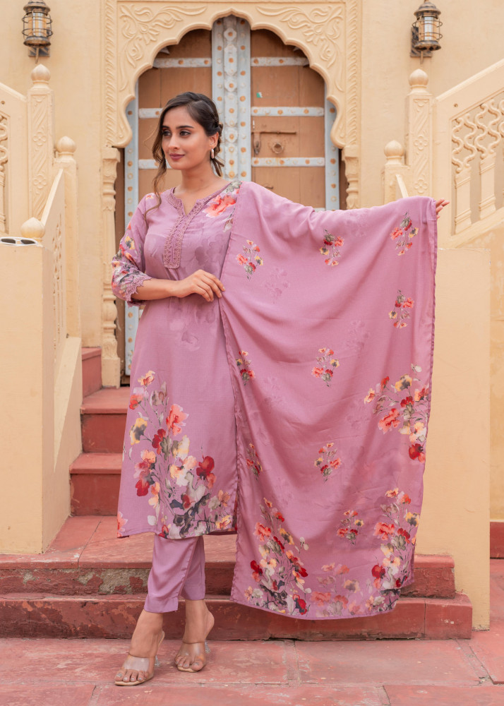 Mauve Manmade Fiber Floral Printed Kurta With Pants &amp; Dupatta Set With Lace Work