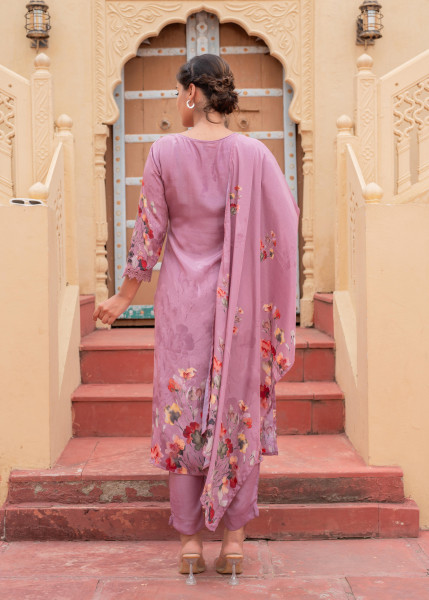 Mauve Manmade Fiber Floral Printed Kurta With Pants & Dupatta Set With Lace Work