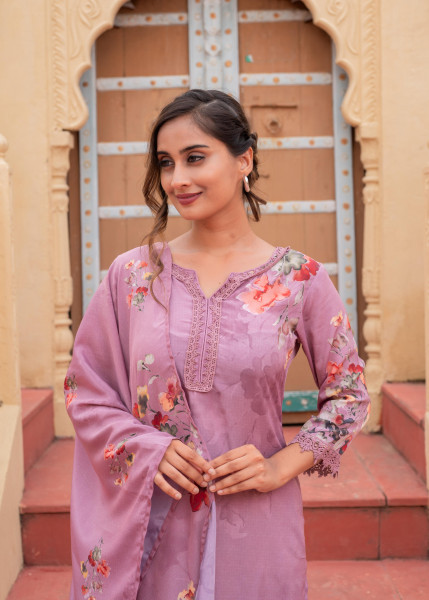 Mauve Manmade Fiber Floral Printed Kurta With Pants & Dupatta Set With Lace Work