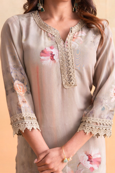 Beige Floral Embellished A-Line Kurta Pant and Dupatta Set with Beads & Sequence Work