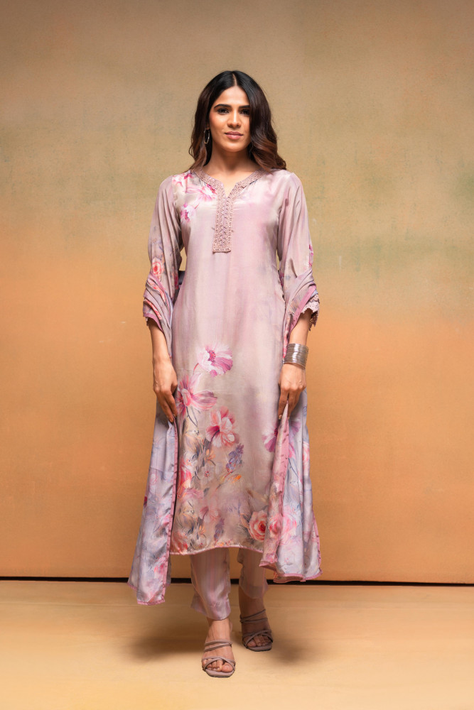 Pink Floral Embellished A-Line Kurta Pant and Dupatta Set with Beads &amp; Sequence Work