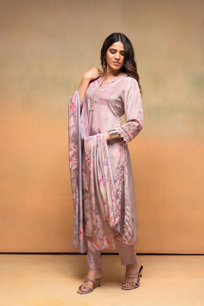 Pink Floral Embellished A-Line Kurta Pant and Dupatta Set with Beads & Sequence Work