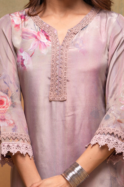 Pink Floral Embellished A-Line Kurta Pant and Dupatta Set with Beads & Sequence Work