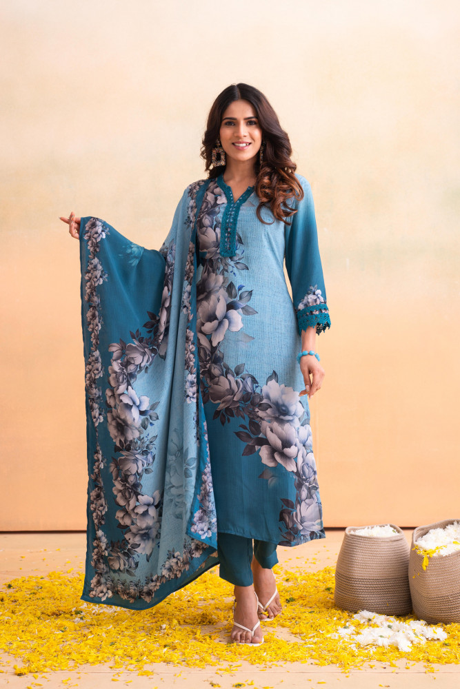 Blue Manmade Fiber Floral Printed Kurta With Pants &amp; Dupatta Set With Lace Work