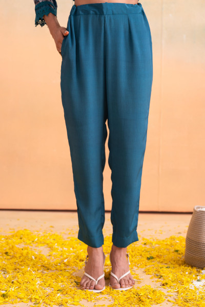 Blue Manmade Fiber Floral Printed Kurta With Pants & Dupatta Set With Lace Work