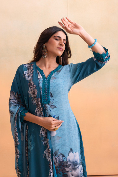 Blue Manmade Fiber Floral Printed Kurta With Pants & Dupatta Set With Lace Work