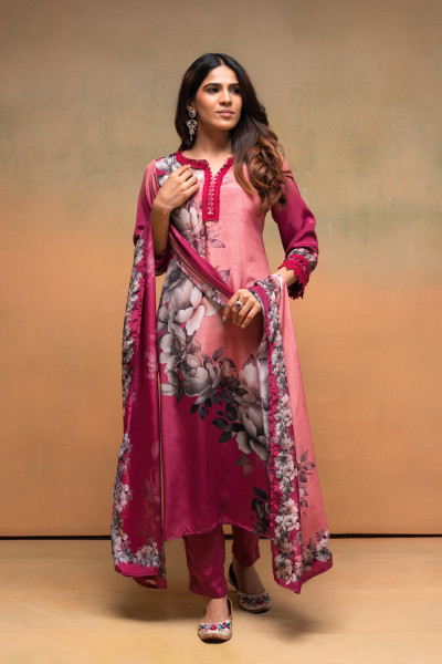 Magenta Manmade Fiber Floral Printed Kurta With Pants & Dupatta Set With Lace Work