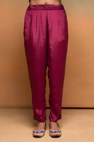 Magenta Manmade Fiber Floral Printed Kurta With Pants & Dupatta Set With Lace Work