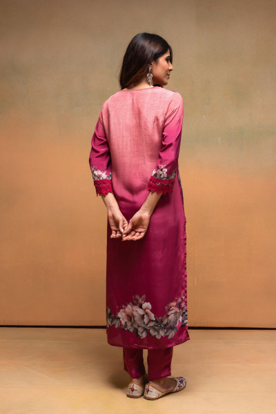 Magenta Manmade Fiber Floral Printed Kurta With Pants & Dupatta Set With Lace Work