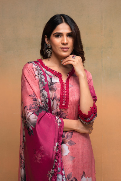 Magenta Manmade Fiber Floral Printed Kurta With Pants & Dupatta Set With Lace Work