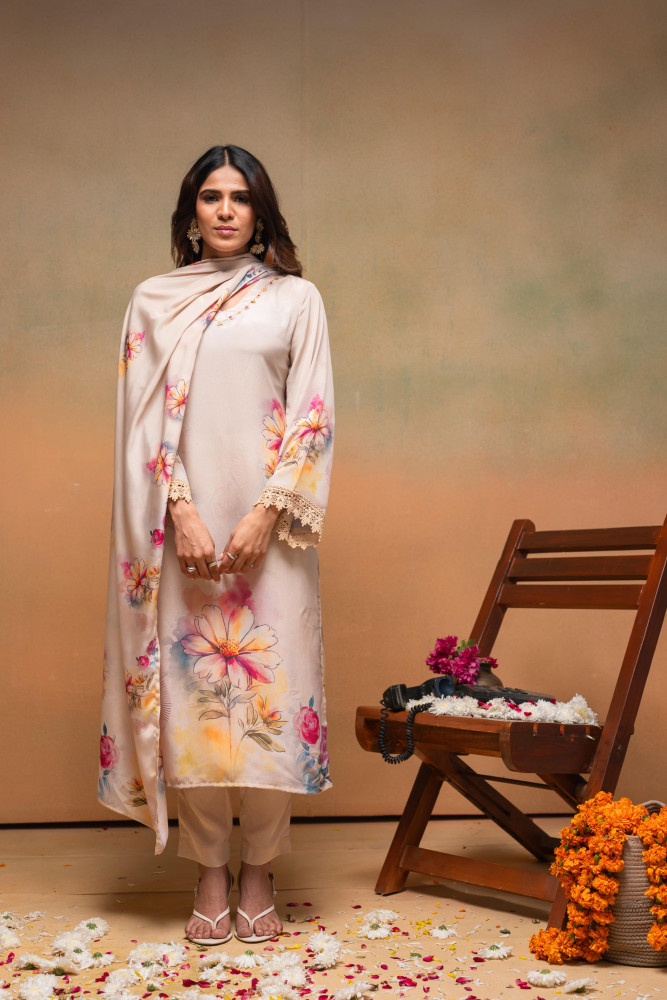 Beige Floral Printed Kurta With Pants &amp; Dupatta