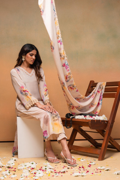 Beige Floral Printed Kurta With Pants & Dupatta