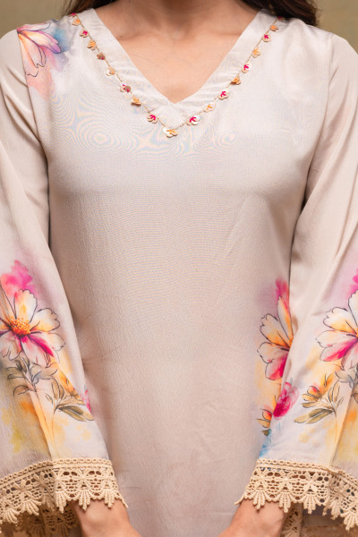 Beige Floral Printed Kurta With Pants & Dupatta