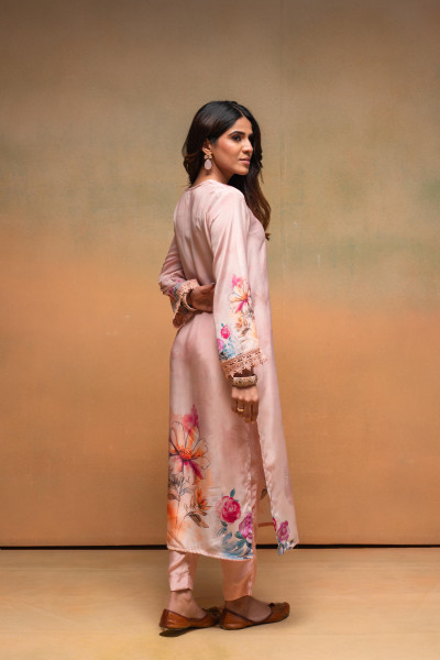 Peach Manmade Fiber Floral Printed Kurta With Pants & Dupatta Set With Sequence Work