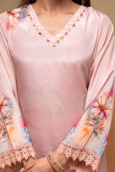 Peach Manmade Fiber Floral Printed Kurta With Pants & Dupatta Set With Sequence Work