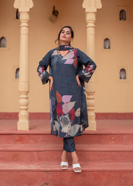Navy Manmade Fiber Floral Printed Kurta With Pants & Dupatta Set With Sequence Work