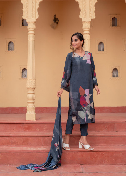 Navy Manmade Fiber Floral Printed Kurta With Pants & Dupatta Set With Sequence Work