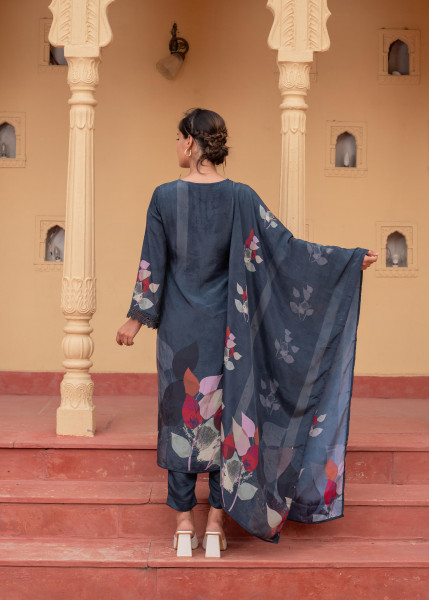 Navy Manmade Fiber Floral Printed Kurta With Pants & Dupatta Set With Sequence Work